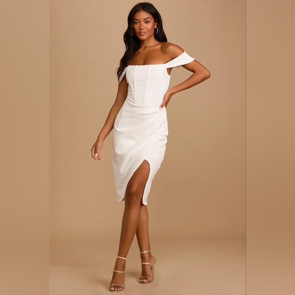 Lulus Touch of Finesse White Off-the-Shoulder Bodycon Midi Dress